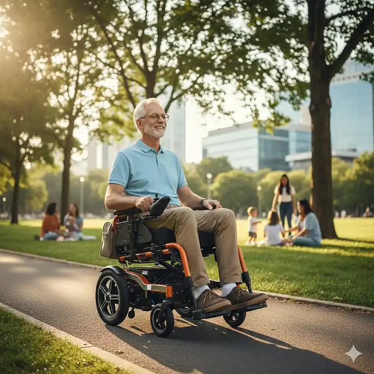 A senior man smiling while navigating a lightweight foldable power wheelchair through a sunny city park.