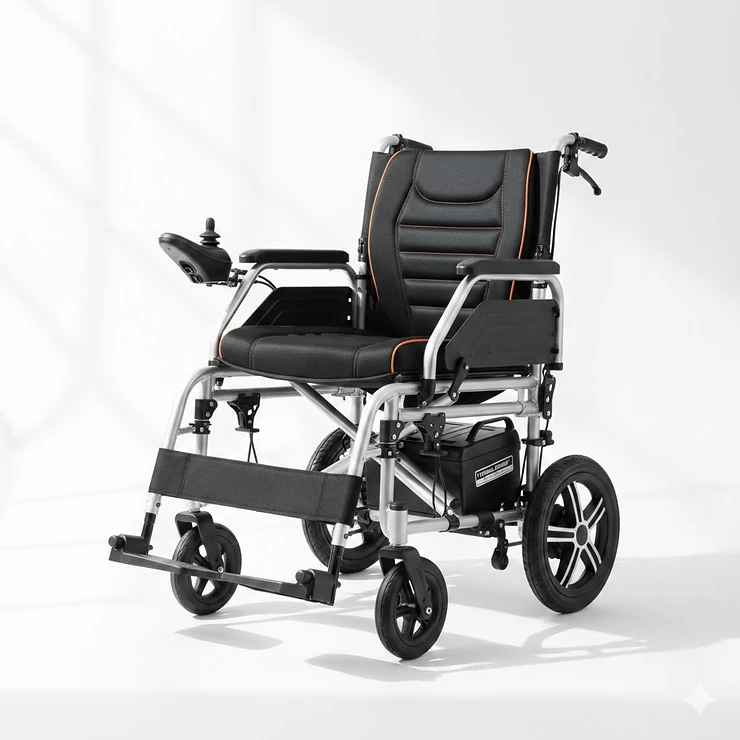 A premium lightweight folding electric wheelchair with a silver frame and black padded seat positioned on a clean white background.