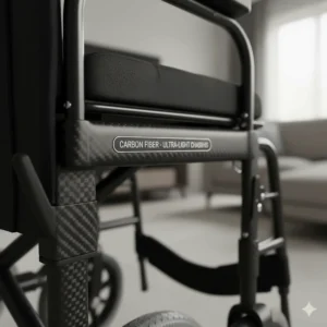Detailed view of the carbon fiber frame construction that makes this the lightest electric wheelchair available.