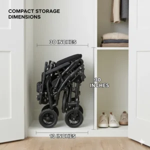 A diagram showing the height and width of the lightest electric wheelchair when fully folded for closet storage.