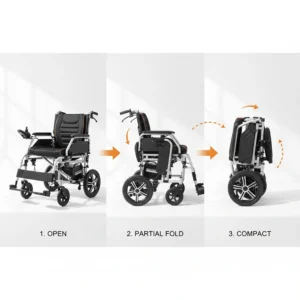 Illustration showing the step-by-step 3-second folding process of a compact power wheelchair.