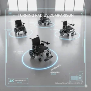 Top-down view illustrating the tight turning radius of indoor-specific electric wheelchair brands.