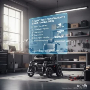 Checklist illustration for maintaining power chairs with logos representing major electric wheelchair brands.