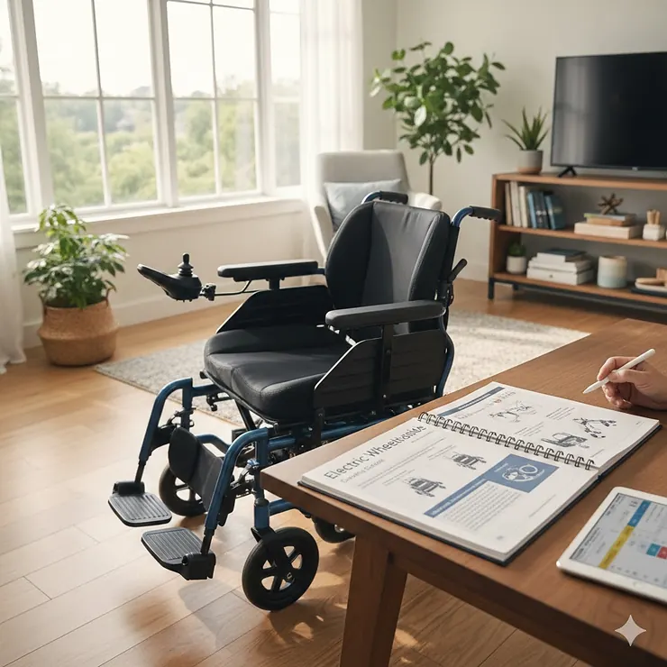 A comprehensive electric wheelchair buying guide featuring a modern power chair in a bright living room.