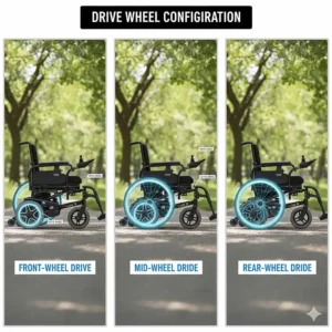 Technical illustration of front-wheel, mid-wheel, and rear-wheel drive configurations on an electric wheelchair.
