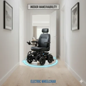 Illustration of a power wheelchair navigating a narrow hallway and doorway inside a home.
