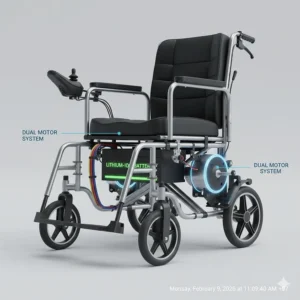 Schematic showing the dual motor system and lithium-ion battery location on a heavy-duty reclining power chair.