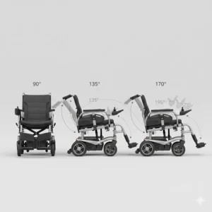 Illustration showing the adjustable backrest angles of a reclining electric wheelchair from upright to fully reclined.
