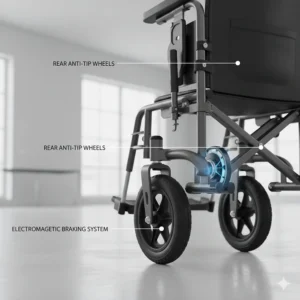 Illustration focusing on the rear anti-tip wheels and electromagnetic braking system of a long-range power chair.