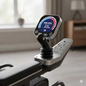 Modern joystick controller with digital display showing speed settings for a power chair.