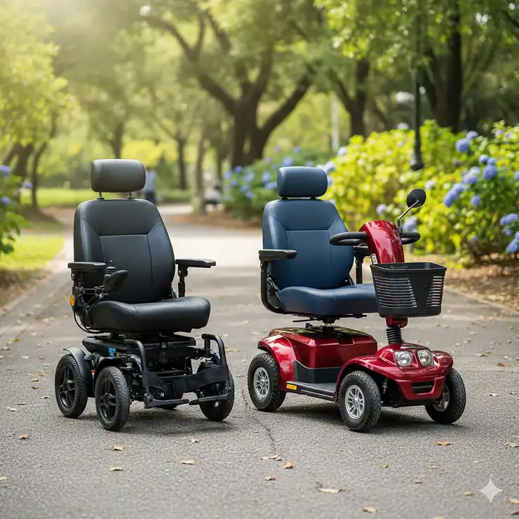 A side-by-side comparison of a compact power electric wheelchair and a four-wheel mobility scooter parked on a paved walkway. electric wheelchair vs mobility scooter