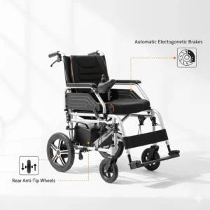Illustration of the automatic electromagnetic braking system and rear anti-tip wheels for enhanced wheelchair safety.