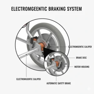 Technical drawing of an electromagnetic braking system for enhanced safety on a folding electric wheelchair.
