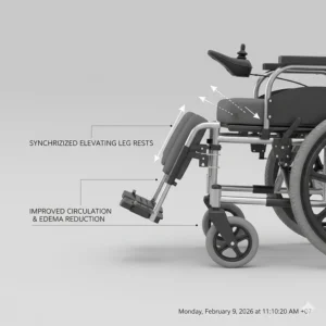 Detailed view of synchronized elevating leg rests on a reclining electric wheelchair for improved circulation.