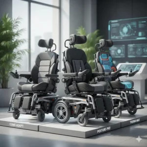 Illustration of adjustable pressure-relief seating and headrests offered by medical-grade electric wheelchair brands.