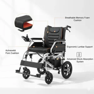 Illustration highlighting the breathable memory foam seat and shock absorption system on a folding electric wheelchair.