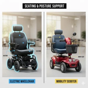 Diagram highlighting the specialized orthopedic seating of an electric wheelchair compared to the swivel seat of a mobility scooter.