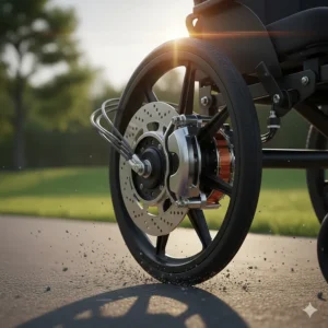 Electromagnetic braking system illustration for a high-performance electric wheelchair.