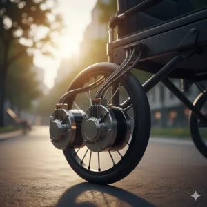 Close-up illustration of a powerful dual-motor system for a fast electric wheelchair.