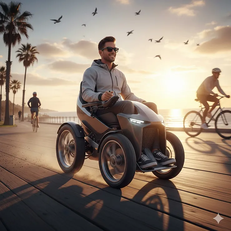 A high-speed electric wheelchair driving on a paved outdoor path during the day. fast electric wheelchair