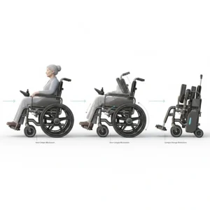 Diagram showing the step-by-step folding mechanism of a compact electric wheelchair for easy storage.