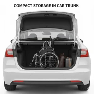 An automatic folding electric wheelchair stored compactly inside a small car trunk.