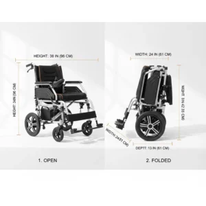Side-by-side comparison illustration showing the unfolded and folded dimensions of a lightweight motorized wheelchair.