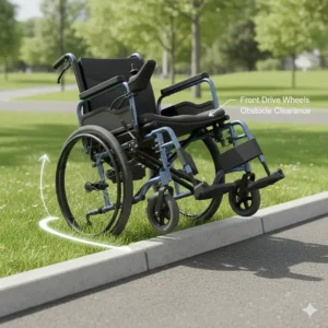 An illustration of a front-wheel drive electric wheelchair navigating over a small curb or obstacle.
