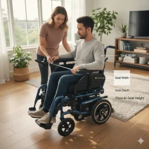 Measurement guide showing how to calculate seat width, depth, and floor-to-seat height for a user.