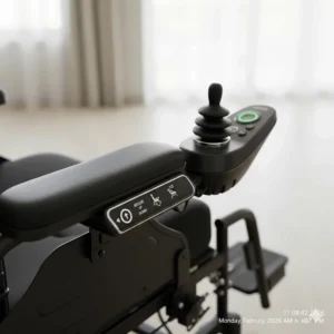 Close-up illustration of a power wheelchair joystick with dedicated buttons for the reclining and tilting functions.