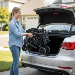 A caregiver easily lifting a lightweight carbon fiber electric wheelchair into the trunk of a sedan.