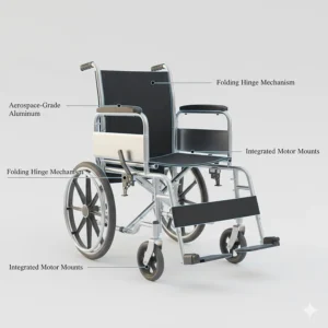 A minimalist line drawing highlighting the aerospace-grade aluminum frame of a lightweight power wheelchair.