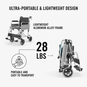 Illustration highlighting the lightweight aluminum alloy frame of a portable automatic electric wheelchair.