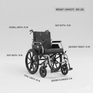 An infographic showing the width, height, and seat depth of a standard long-range electric wheelchair.