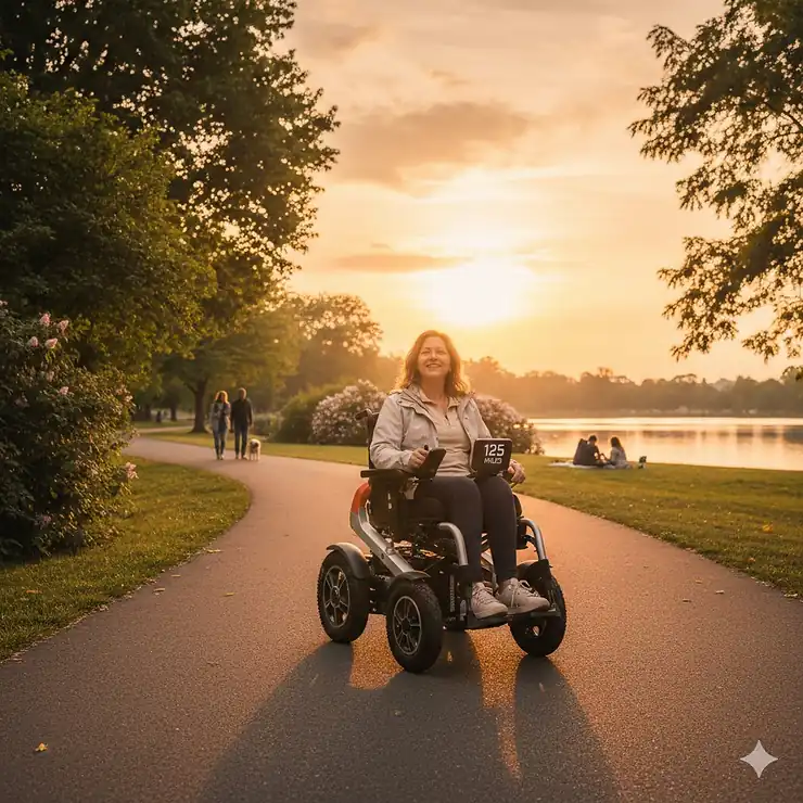 A person using a long-range electric wheelchair on a paved park trail during sunset, highlighting its durability and outdoor capabilities. long range electric wheelchair
