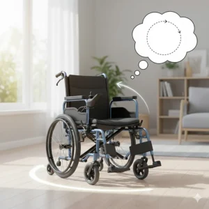 Illustration showing the tight turning radius of a mid-wheel drive electric wheelchair for indoor use.