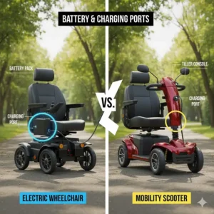 Illustration showing the location of the charging port on a mobility scooter tiller and an electric wheelchair battery pack.