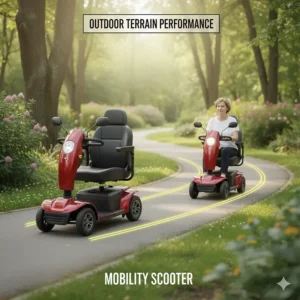 A mobility scooter traveling smoothly over a park path, highlighting its stability on outdoor surfaces.
