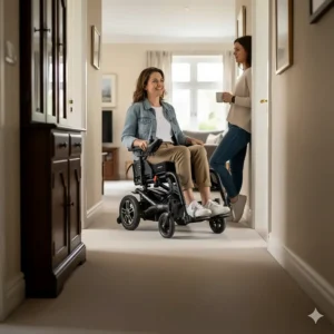 The lightest electric wheelchair navigating a narrow hallway and turning easily in a tight home space.