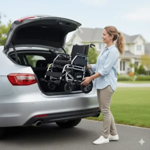 Illustration of a person easily lifting a folded 50lb electric wheelchair into the trunk of a small sedan.