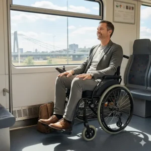 A traveler using their lightweight portable power chair while boarding a modern commuter train.