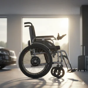 Diagram showing a fast electric wheelchair folding into a compact size for travel.