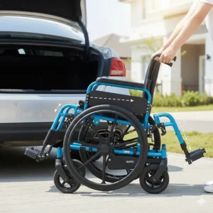 A lightweight folding electric wheelchair being collapsed for easy travel and vehicle storage.
