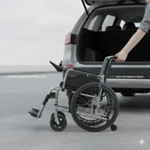 Diagram showing how a long-range electric wheelchair folds into a compact shape for car trunk storage.