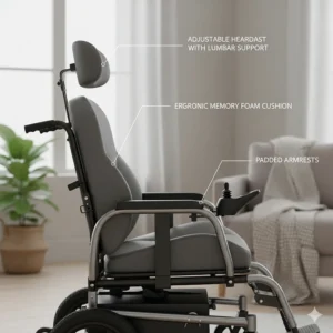 Side view of a long-range electric wheelchair featuring an adjustable headrest and memory foam seat cushion.