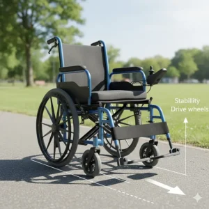 Diagram of a rear-wheel drive power wheelchair highlighting stability and outdoor performance.