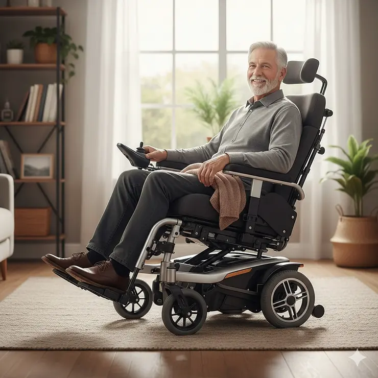 A senior man relaxing in a reclining electric wheelchair with a cushioned headrest and ergonomic armrests in a bright living room.