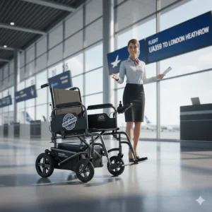 An airline-approved electric wheelchair with a travel-safe battery sticker, representing top travel brands.