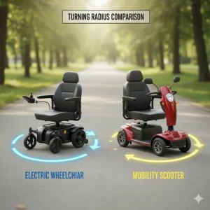 Illustration showing the tight 360-degree turning radius of an electric wheelchair compared to the wider turning arc of a mobility scooter.