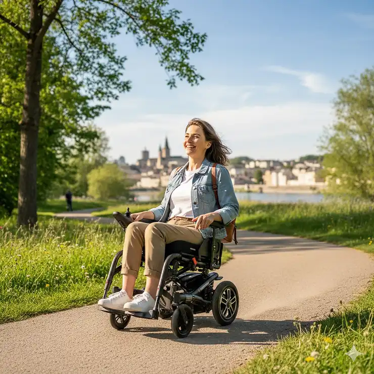A person happily using the lightest electric wheelchair on a paved park path during a sunny day.